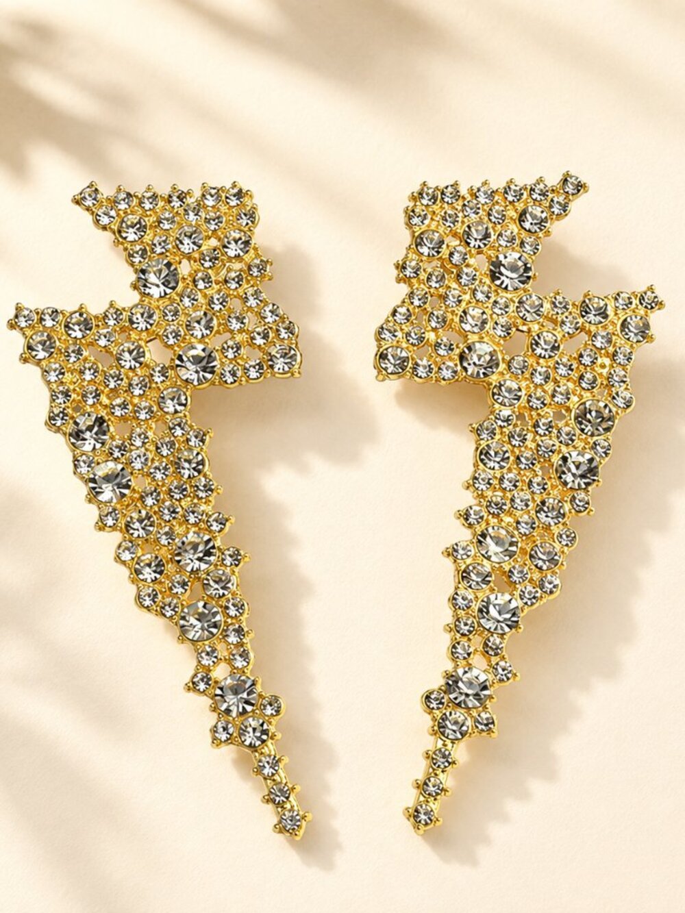 ✨ Gold Rhinestone Lightning Bolt Statement Earrings Crystal Drop